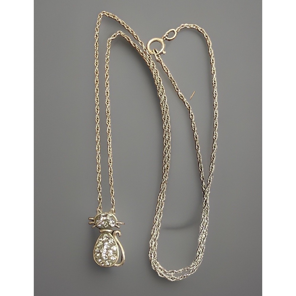 Vintage Sterling Silver Pave Clear-Stone Cat Pendant Necklace 18"